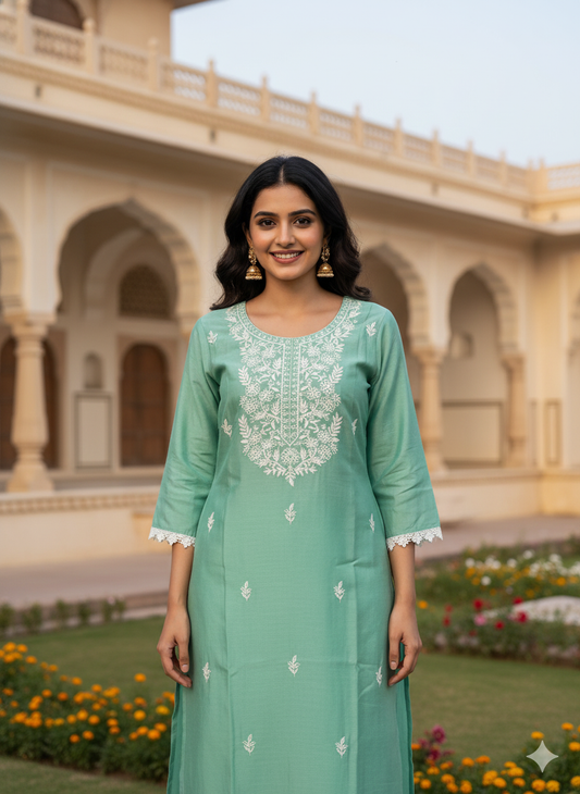 Beautiful 3-Piece Set in Green Background with Embroidary Work & Lace Work in Top and Dupatta made out of Tussar Silk with Flower work Border