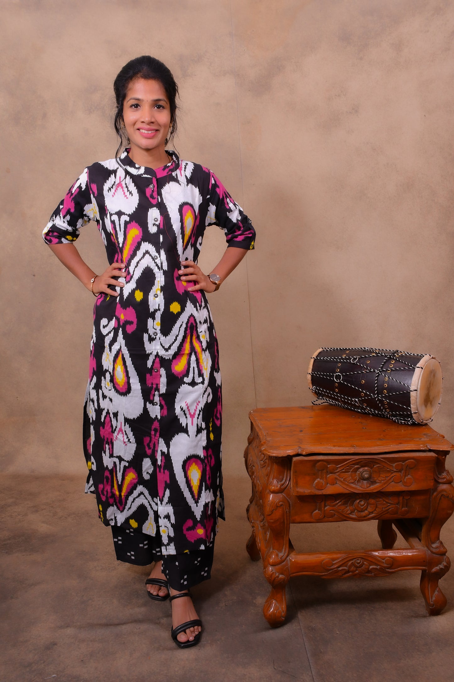 Cotton Ikkat Print Co-Ord Set for Women with Straight Cut Pants