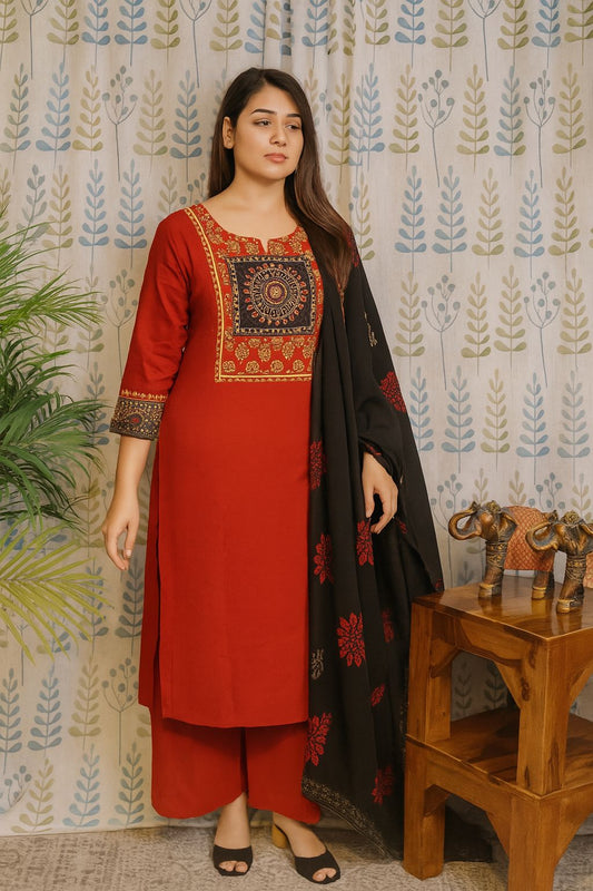 Red Cotton Kurti Set with Embroidery & Mirror Work – 3-Piece