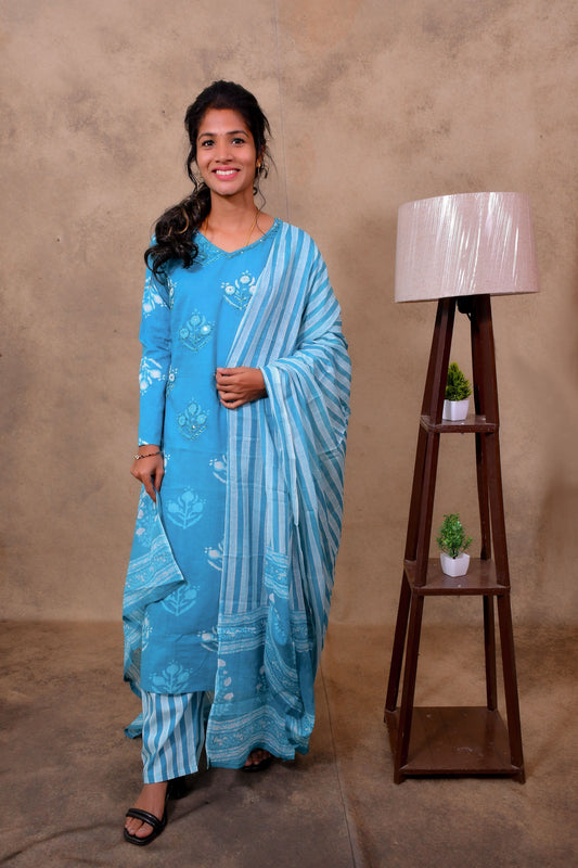 Sky Blue Cotton 3-Piece Set for Women with Bandhani Print & Sequin Work