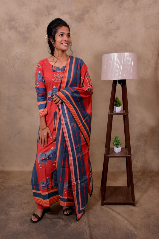 Red Cotton 3-Piece Set for Women with Nandhi Print Dupatta