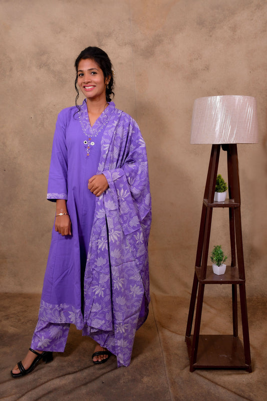 Purple Cotton 3-Piece Set for Women with Floral Print & Embroidery Work