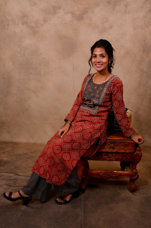 Red Cotton 3-Piece Set for Women with Ajrak Print & Palazzo Pant