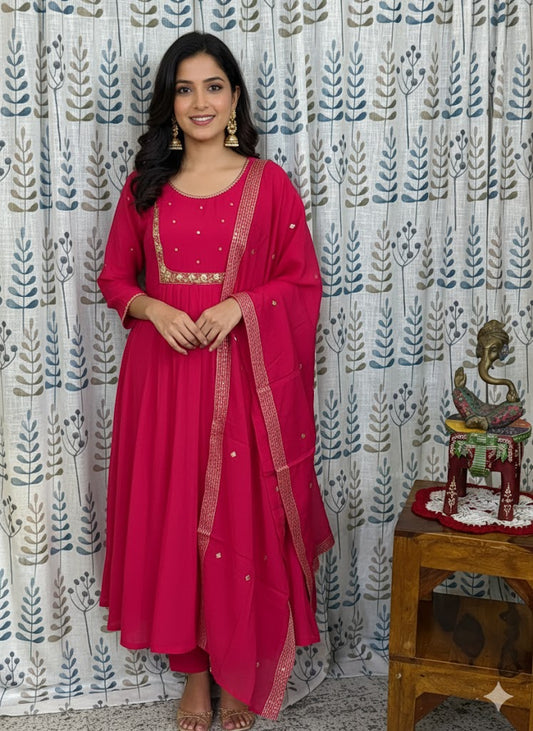 Party Wear 3-Piece Set in Pearl & Thread Work in Yoke & Sleeve. It comes with Chumiki Work as border in Dupatta.