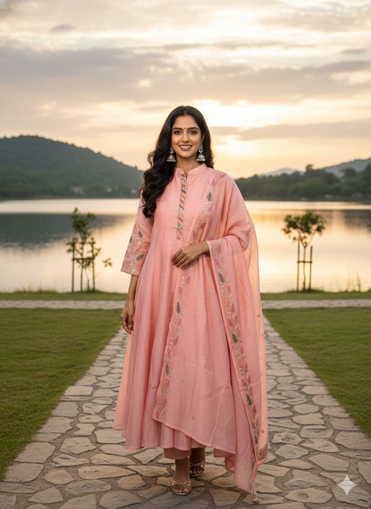 Function Wear 3-Piece Set in Leaf Embroidary design in Yoke & Sleeve. It comes with similar design in Dupatta.