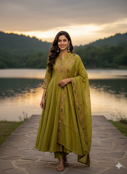 Function Wear 3-Piece Set in Leaf Embroidary design in Yoke & Sleeve. It comes with similar design in Dupatta.