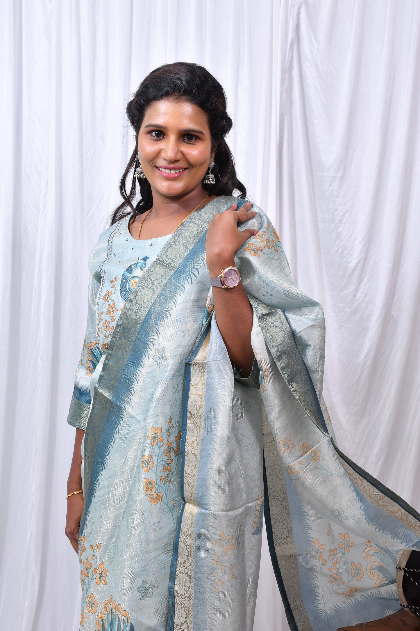 Function Wear 3-Piece Set in Beautiful Bluish/Grey Color with Peacock design in Top and Dupatta made out of German Silk