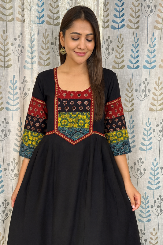 Beautiful Cotton Kurthi with Ajarak Print in Yoke & Sleeve