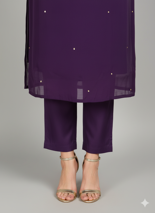 Party Wear 3-Piece Set in Purple Color with heavy Chumiki Work in Yoke. It comes with Similar design in Dupatta.