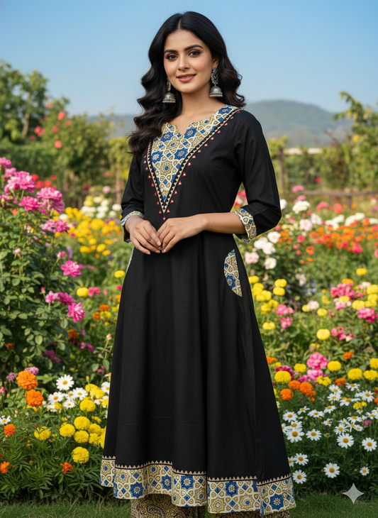 Beautiful Cotton Kurthi with V-Shaped Ajarak Prints in Yoke and in Sleeve Code-213