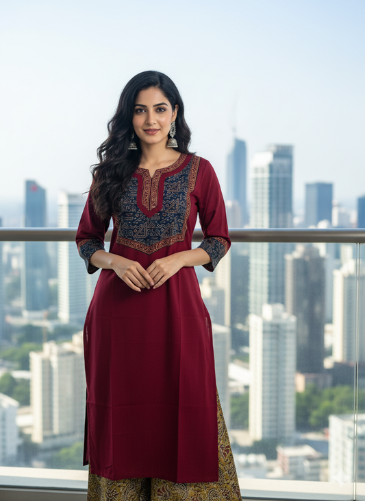 Beautiful Cotton Kurthi with Ajarak Prints in Yoke and in Sleeve Code-216