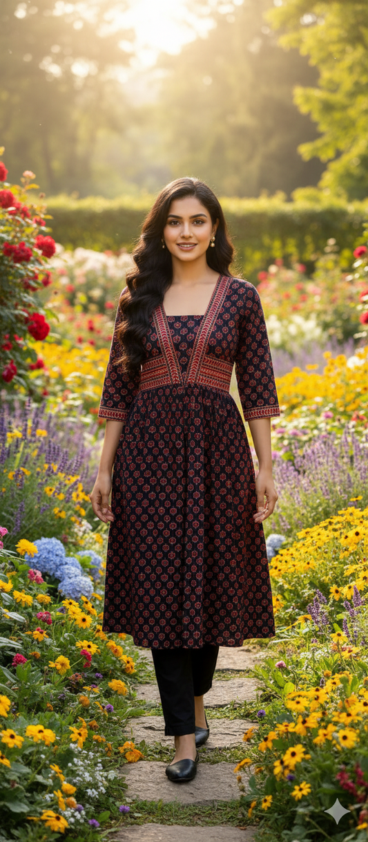 Beautiful Cotton Kurthi with Ajarak Prints with Box Neck and V Pattern in Yoke - Design Code 219
