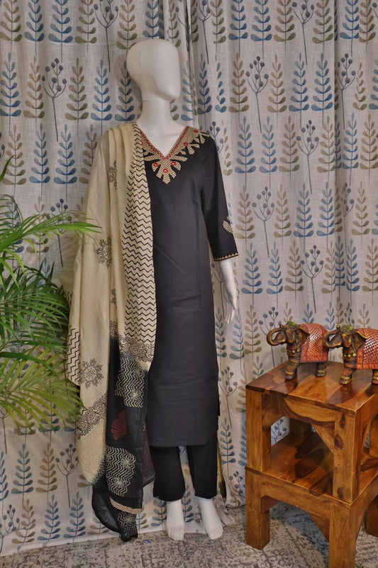 Front view of black cotton kurti set with mirror and Kaatha work