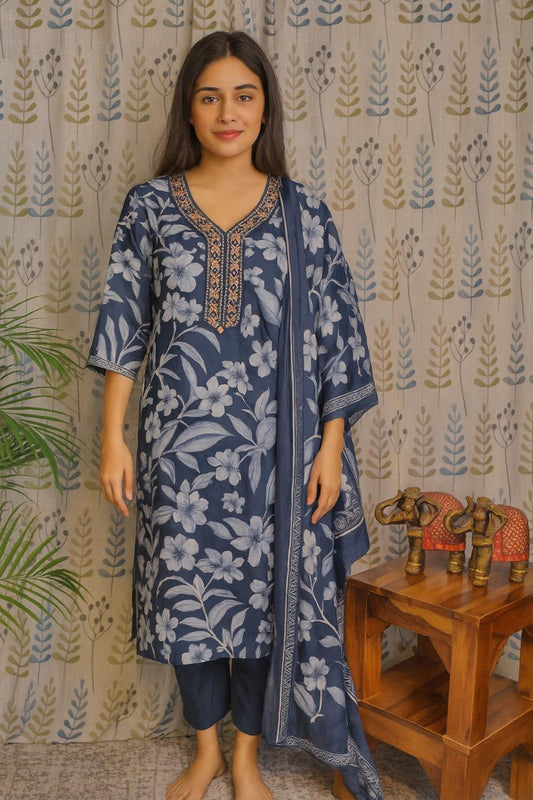 Front view of blue cotton kurti set with embroidered neck