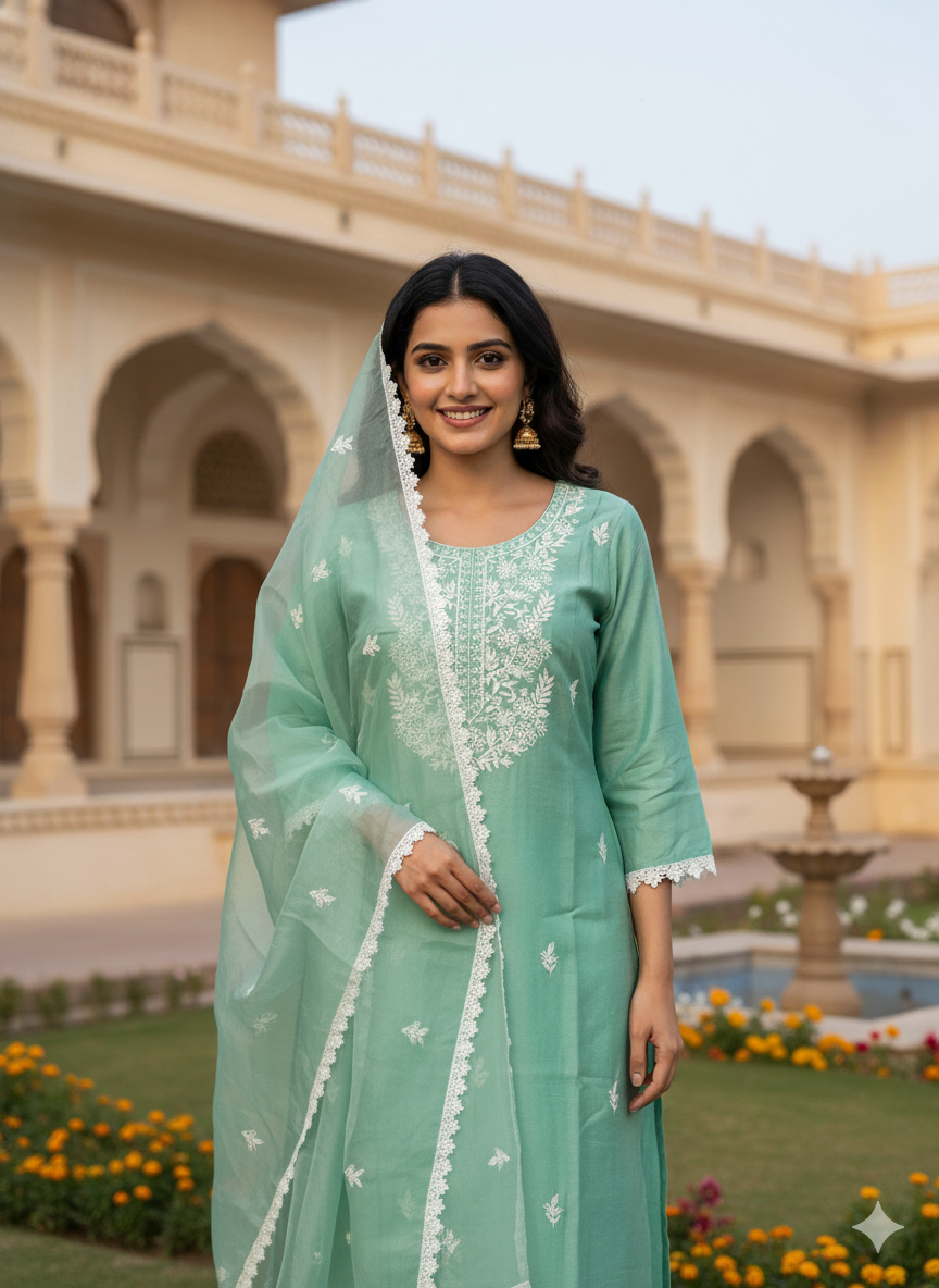 Beautiful 3-Piece Set in Green Background with Embroidary Work & Lace Work in Top and Dupatta made out of Tussar Silk with Flower work Border