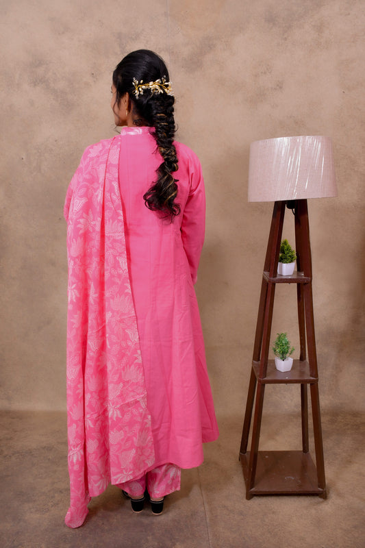 Pink Cotton 3-Piece Set for Women with Floral Print
