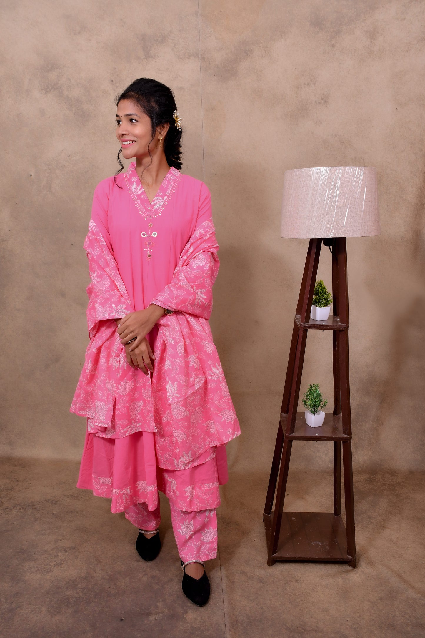 Pink Cotton 3-Piece Set for Women with Floral Print