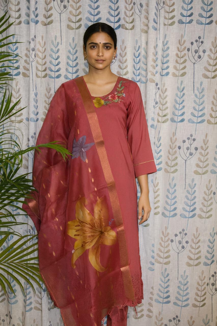 Onion Pink Silk Cotton Kurti Set with Pearl & Zari Detailing