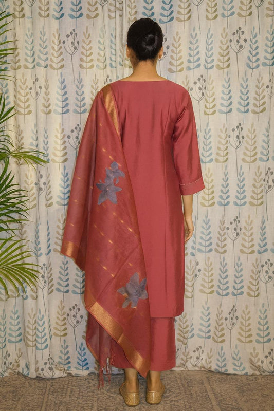 Onion Pink Silk Cotton Kurti Set with Pearl & Zari Detailing