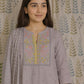 Grey Cotton Kurti Set with Embroidery & Shiffon Dupatta – 3PC