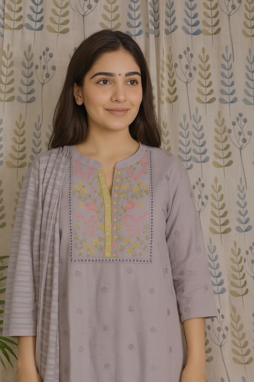 Grey Cotton Kurti Set with Embroidery & Shiffon Dupatta – 3PC