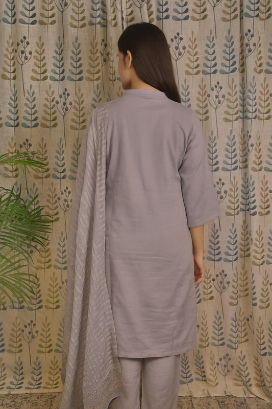 Grey Cotton Kurti Set with Embroidery & Shiffon Dupatta – 3PC
