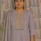 Grey Cotton Kurti Set with Embroidery & Shiffon Dupatta – 3PC