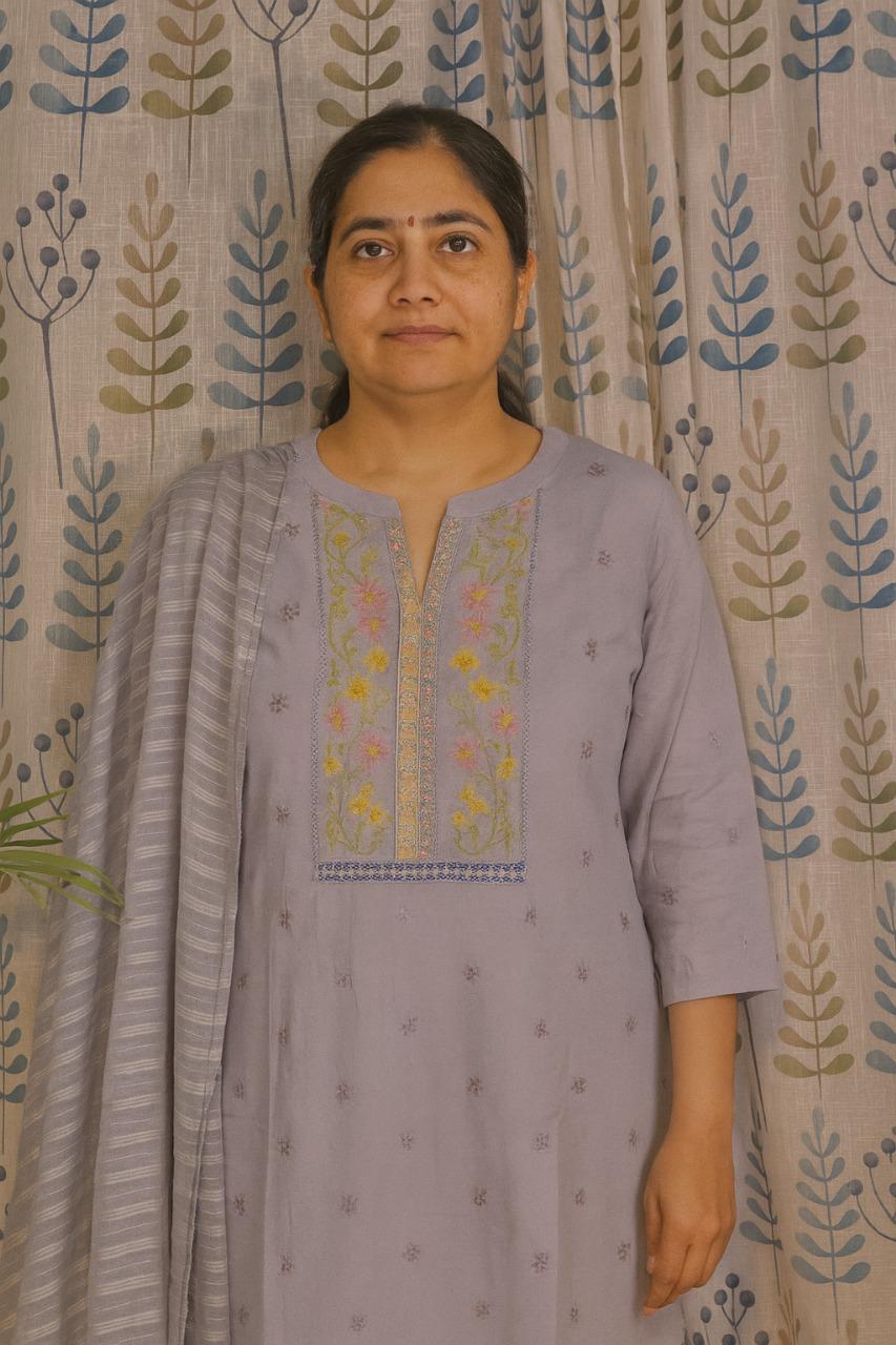 Grey Cotton Kurti Set with Embroidery & Shiffon Dupatta – 3PC