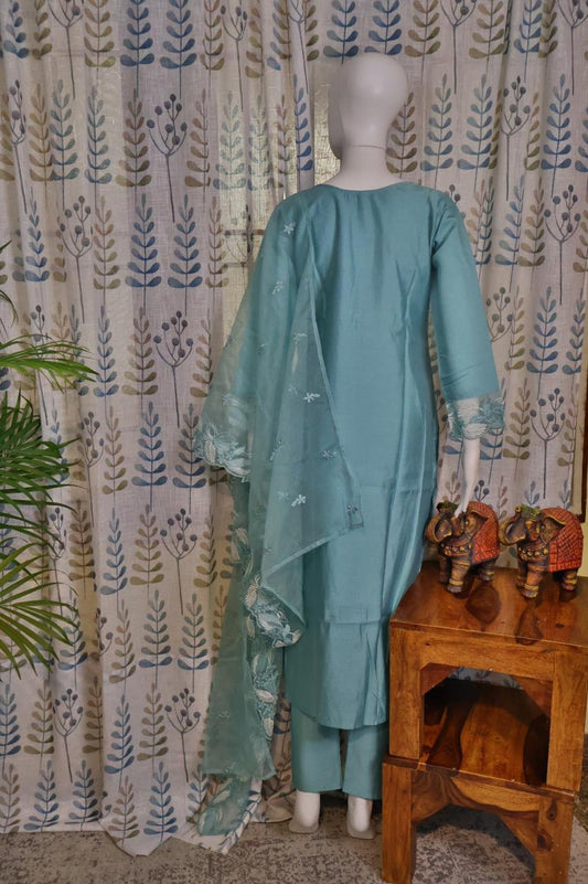 Blue Silk Cotton Kurti Set with Embroidered Organza Dupatta