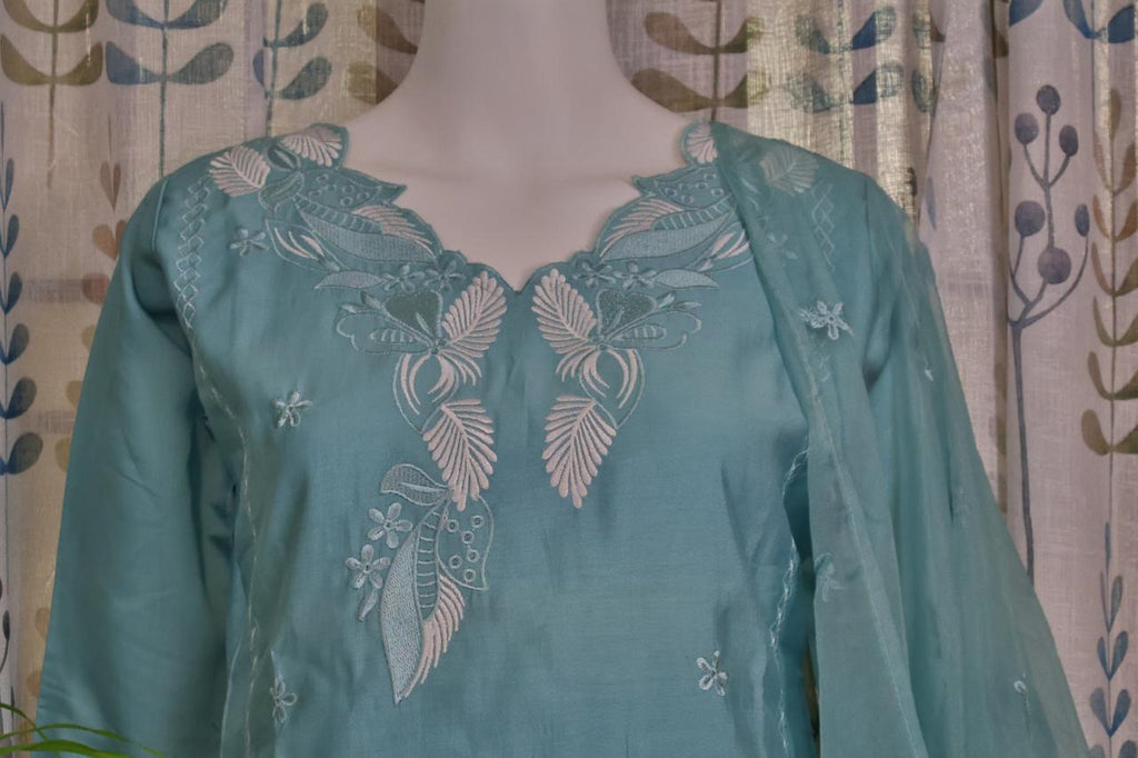 Blue Silk Cotton Kurti Set with Embroidered Organza Dupatta