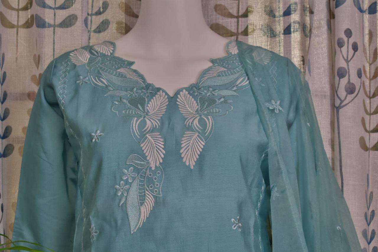 Blue Silk Cotton Kurti Set with Embroidered Organza Dupatta