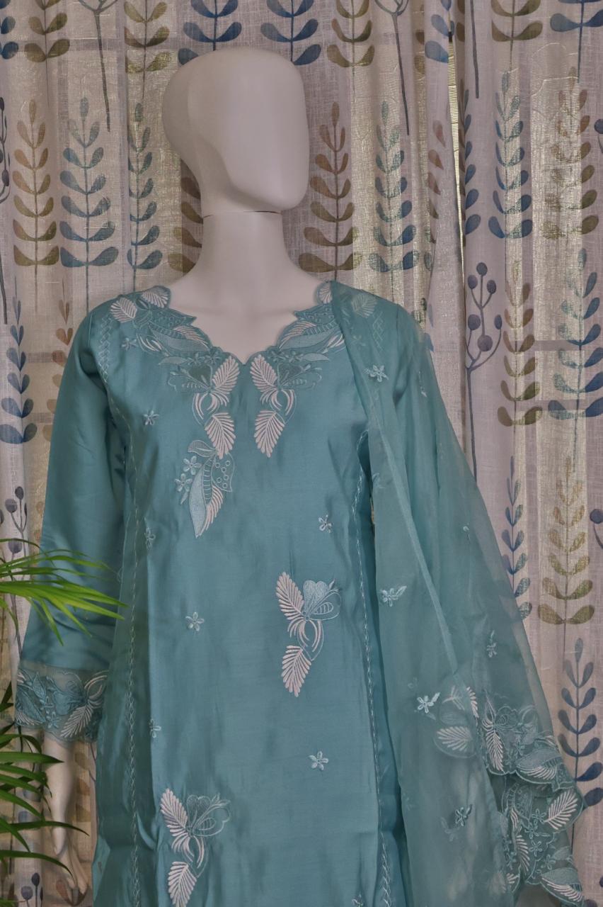 Blue Silk Cotton Kurti Set with Embroidered Organza Dupatta