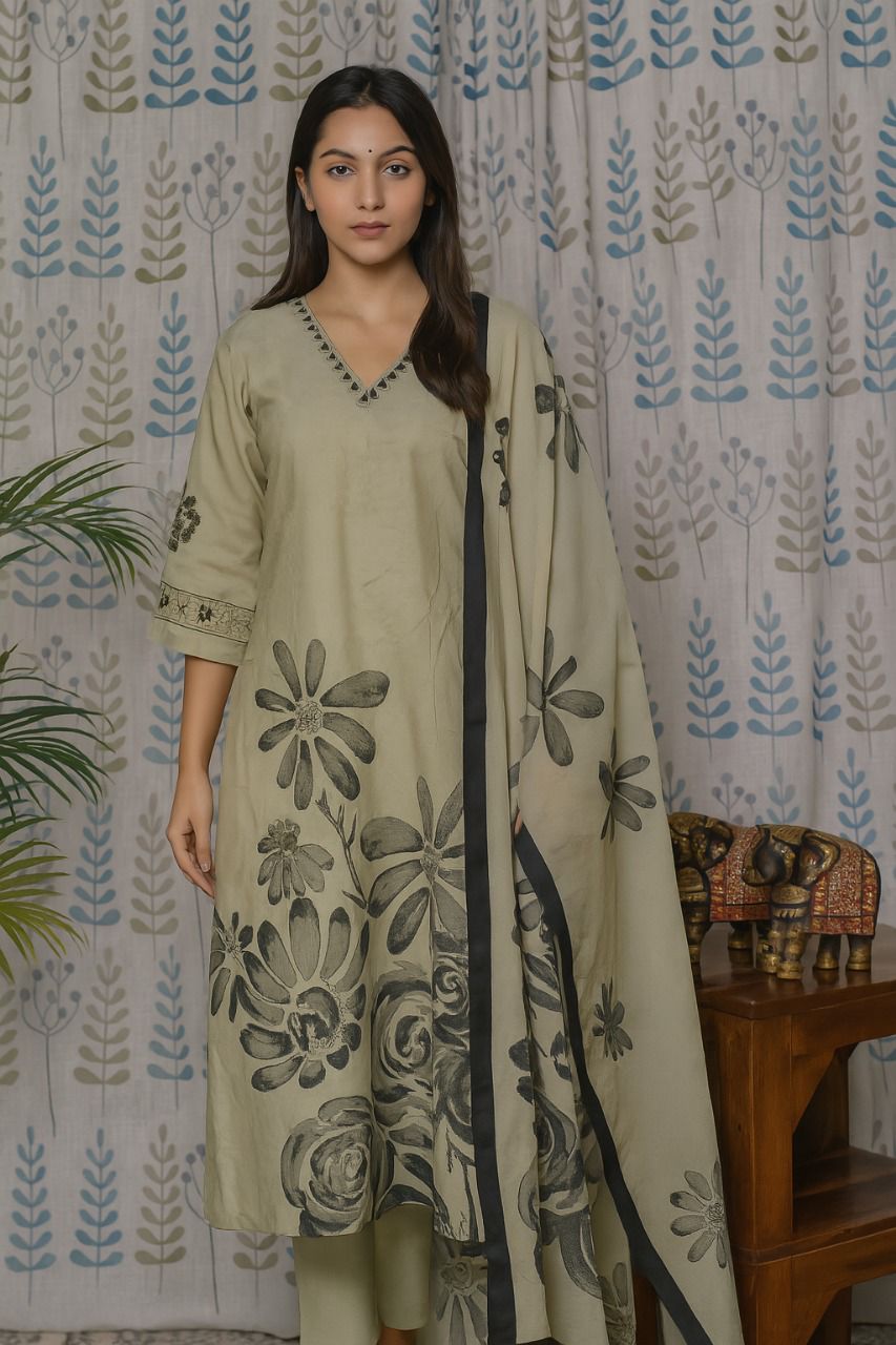 Grey Cotton Kurti Set with Bead Work & Digital Print Dupatta