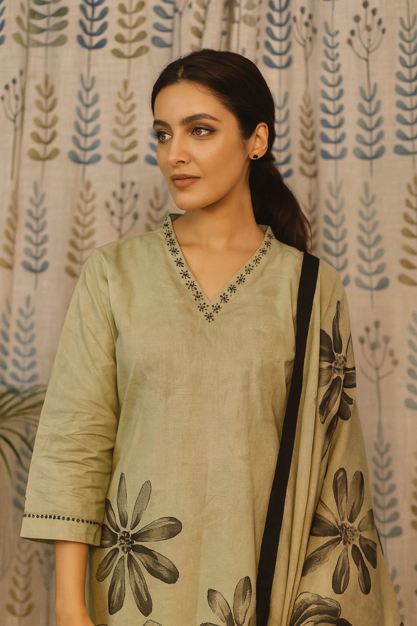 Grey Cotton Kurti Set with Bead Work & Digital Print Dupatta