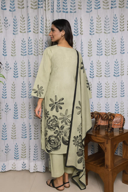Grey Cotton Kurti Set with Bead Work & Digital Print Dupatta