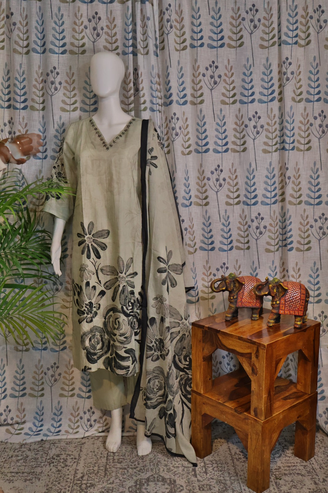 Grey Cotton Kurti Set with Bead Work & Digital Print Dupatta