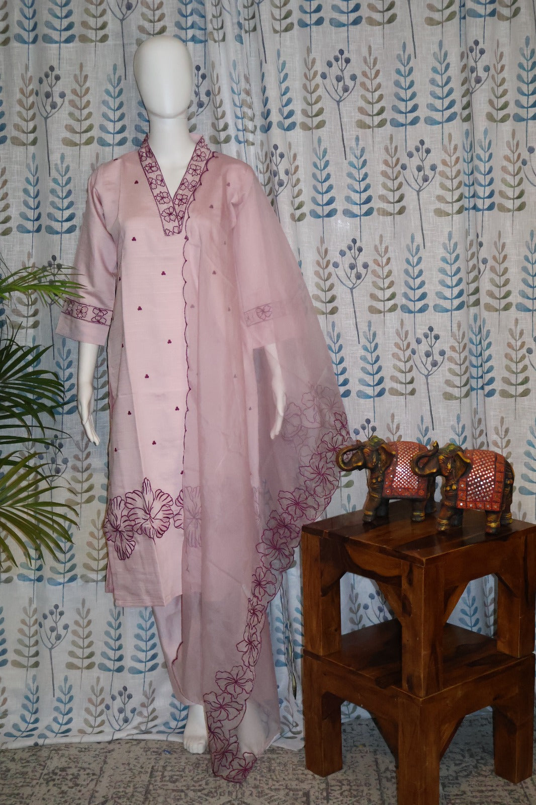 Lavender Slub Cotton Kurti Set with Embroidered Neck & Dupatta
