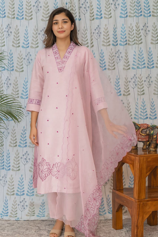 Lavender Slub Cotton Kurti Set with Embroidered Neck & Dupatta