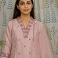 Lavender Slub Cotton Kurti Set with Embroidered Neck & Dupatta