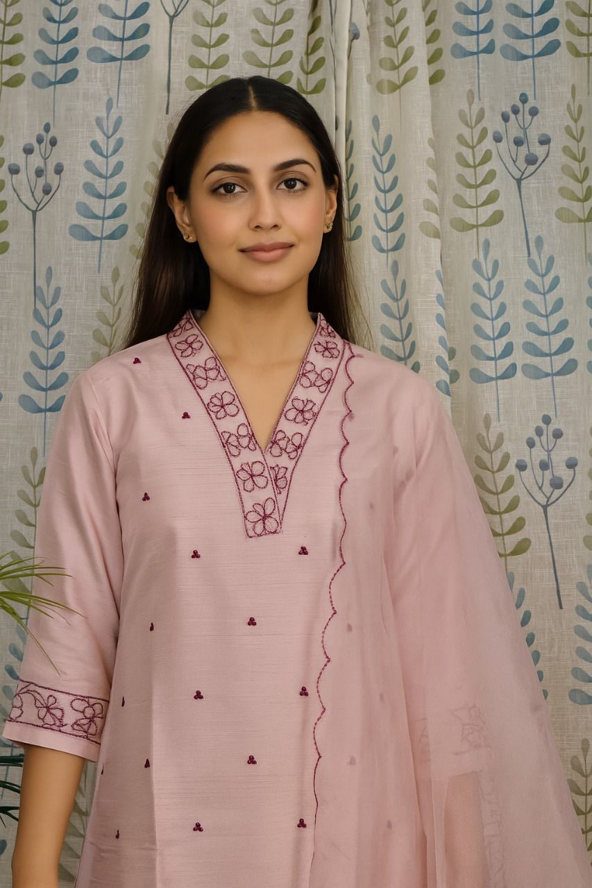 Lavender Slub Cotton Kurti Set with Embroidered Neck & Dupatta