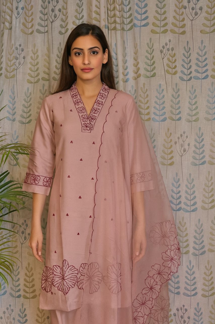 Lavender Slub Cotton Kurti Set with Embroidered Neck & Dupatta