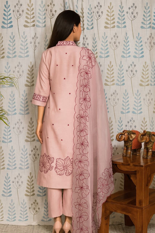 Lavender Slub Cotton Kurti Set with Embroidered Neck & Dupatta