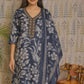 Blue Cotton Kurti Set with Embroidered Neck & Dupatta