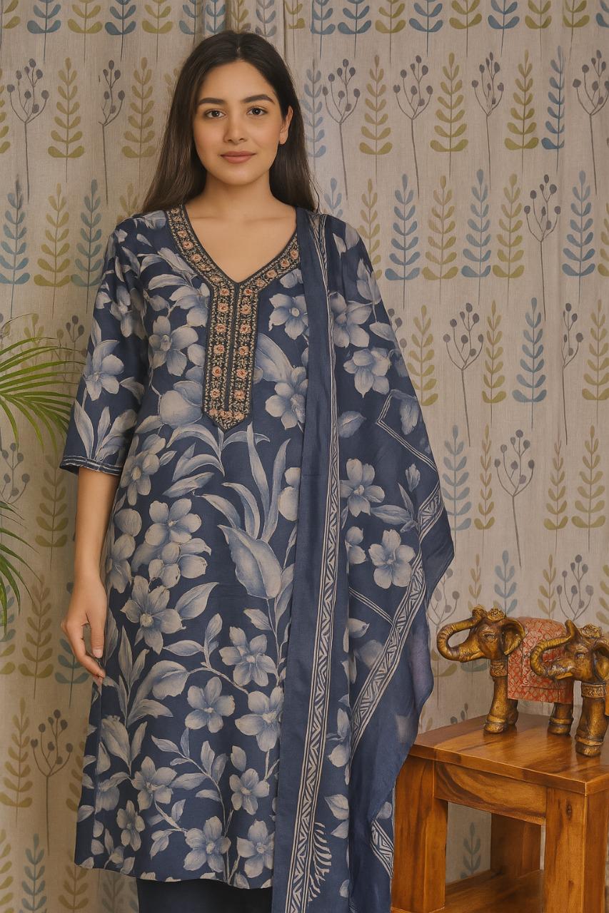 Blue Cotton Kurti Set with Embroidered Neck & Dupatta