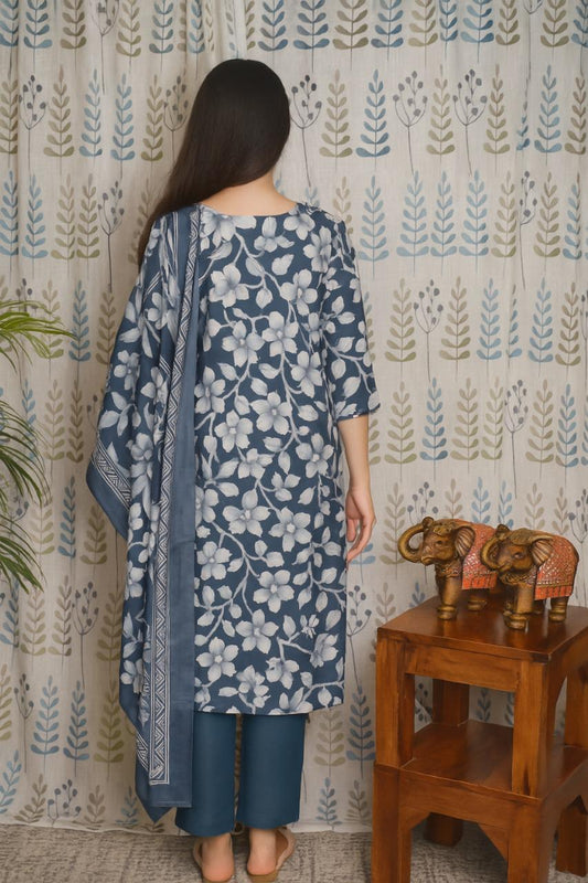 Blue Cotton Kurti Set with Embroidered Neck & Dupatta