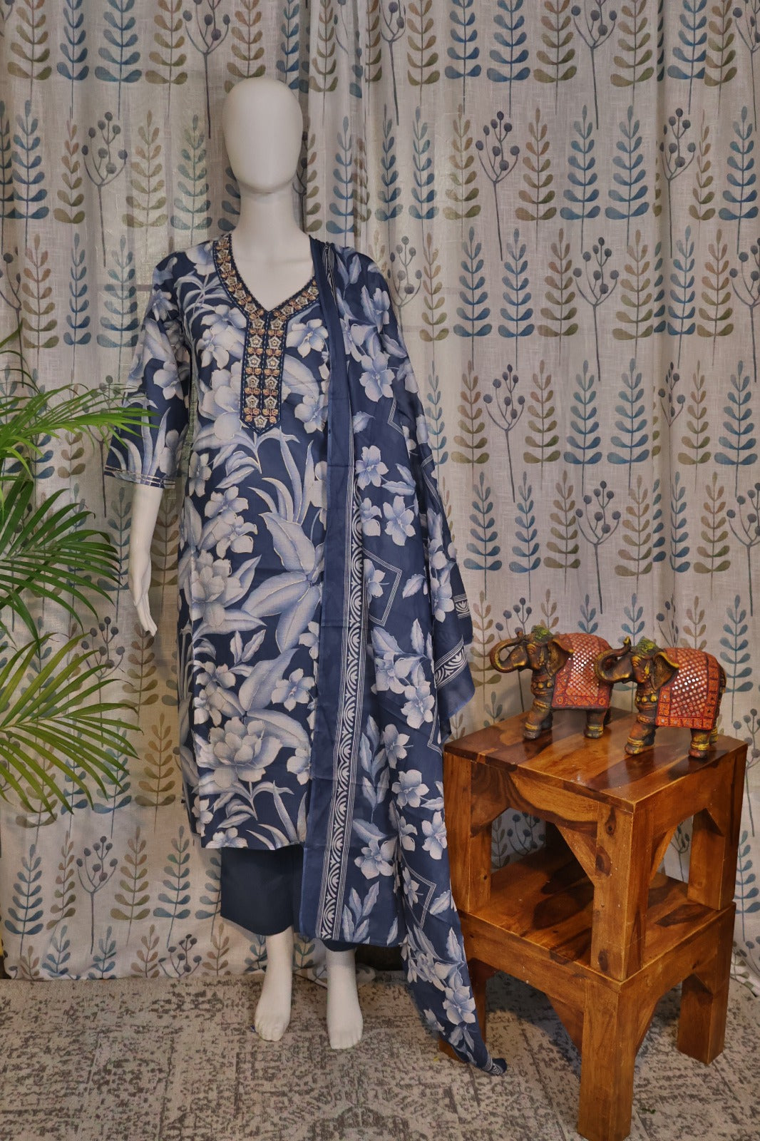 Blue Cotton Kurti Set with Embroidered Neck & Dupatta