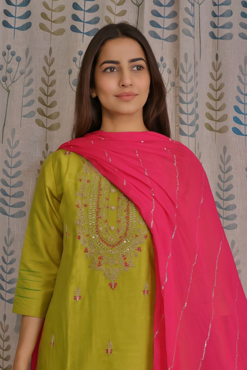 Green Semi-Silk Chudithaar with Embroidery & Pink Dupatta