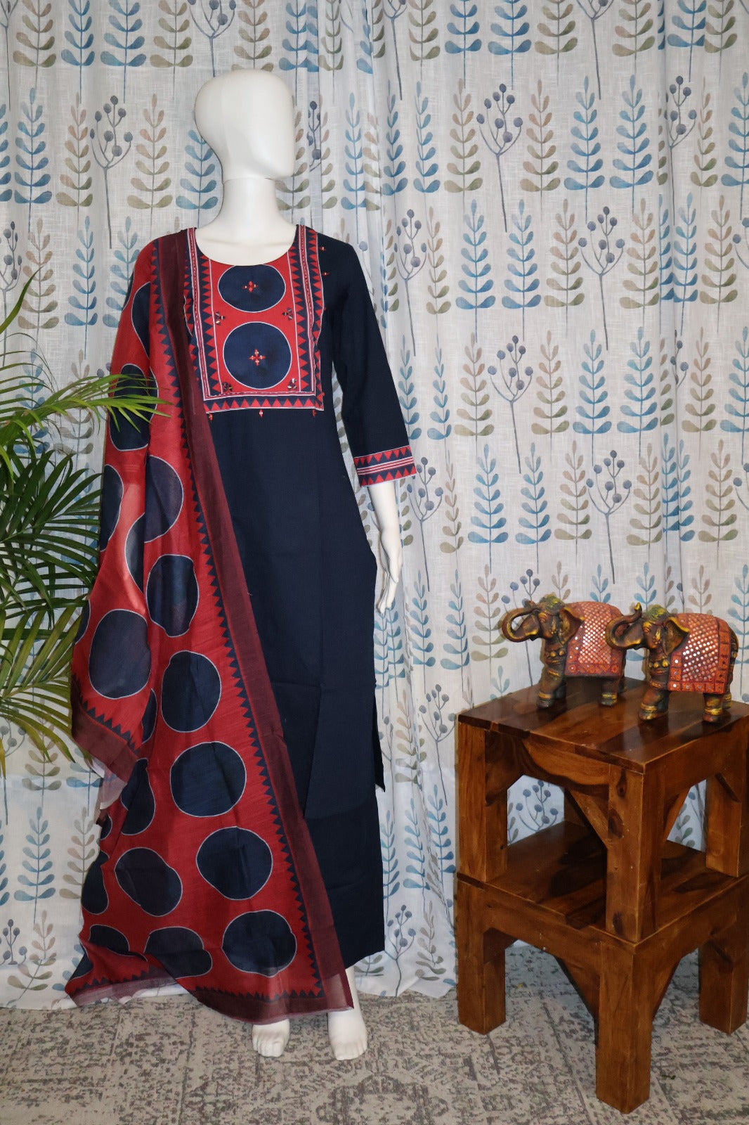 Blue Cotton Kurti with Ajarakh Print in Yoke & Sleeves