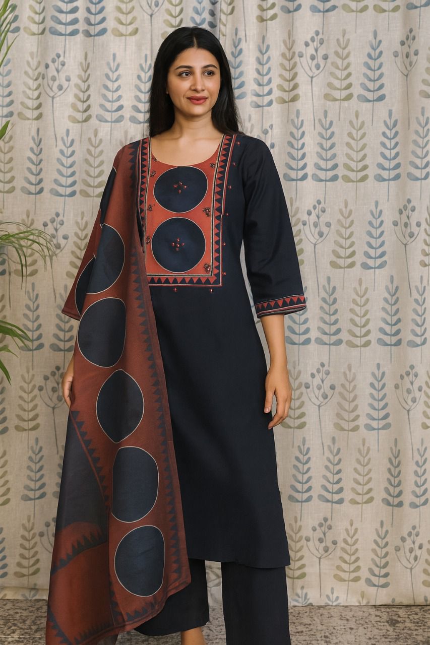 Blue Cotton Kurti with Ajarakh Print in Yoke & Sleeves