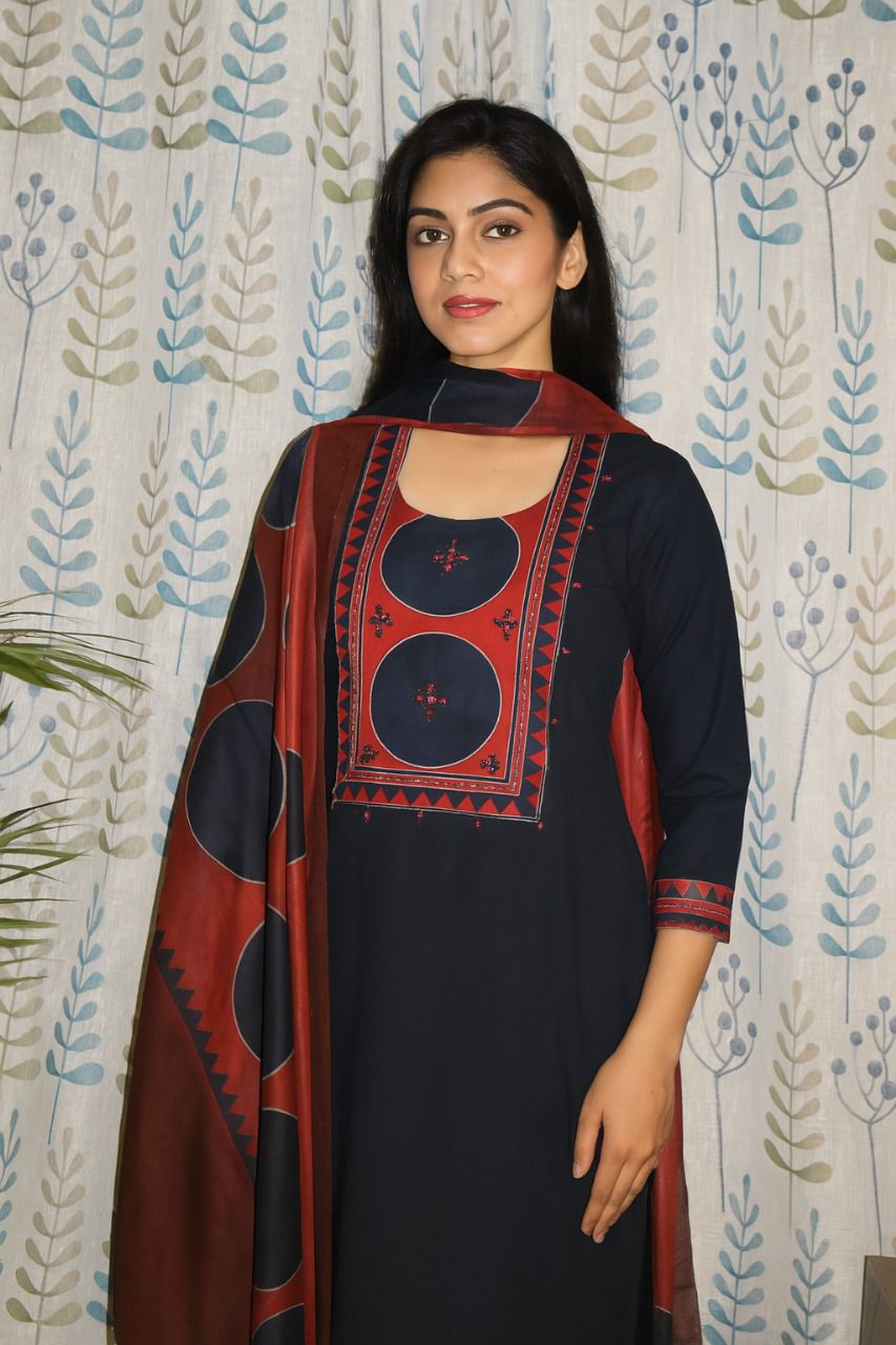 Blue Cotton Kurti with Ajarakh Print in Yoke & Sleeves